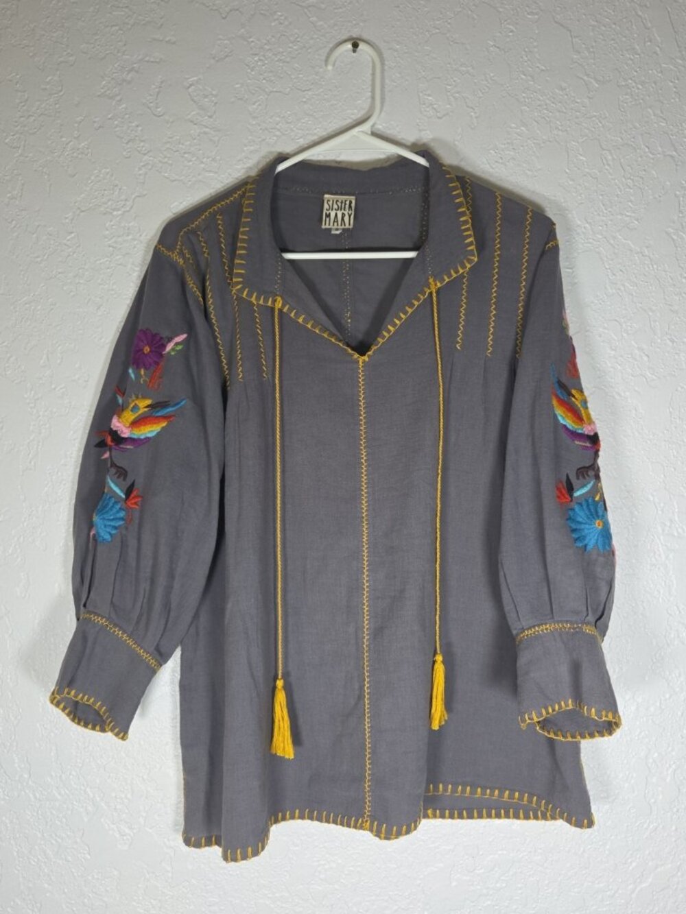 Sister Mary Floral Embroidered Sleeve Gray Yellow Collared Medium